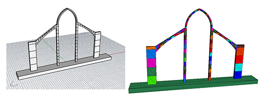 石積みブロックのRhinoモデル（左）と結果の3DECモデル（右）