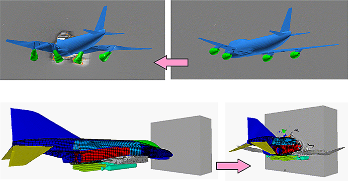 図2-1　鉄筋コンクリート構造物に対する航空機（上：大型旅客機、下：戦闘機）の高速衝突