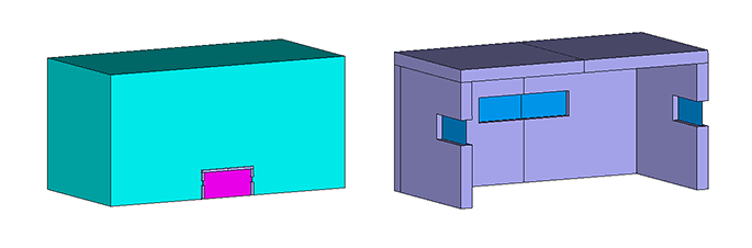 解析モデルの概要図（鉄筋コンクリート構造物の中央断面）（左：Euler領域、右：鉄筋コンクリート構造物）