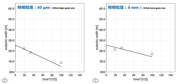 Thermo-Calc：各Ni母相の結晶粒径に対するろう材幅の時間変化