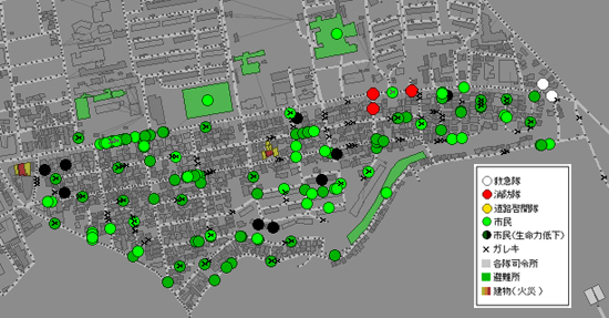 図3　密集市街地における災害時の避難行動シミュレーションの例