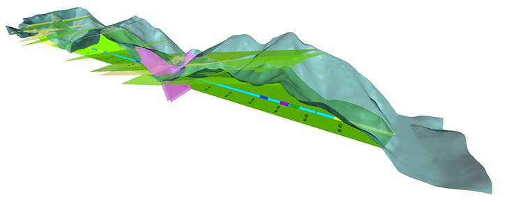 GEORAMAで作成した山全体の地形・地層モデル例
