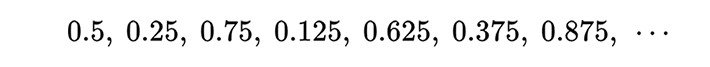 0.5, 0.25, 0.75, 0.125, 0.625, 0.375, 0.875, …