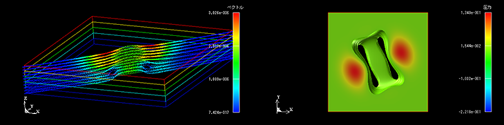 （c）	t=3e-7 (s) 変位ベクトル（繊維方向に沿った断面）、圧力のボリュームレンダリング