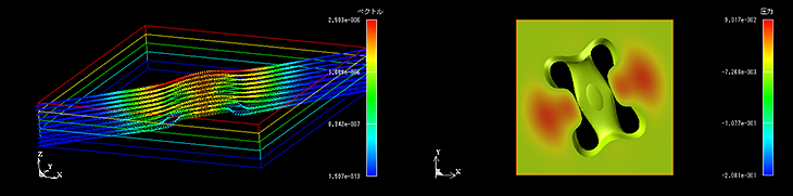 （c）	t=3e-7 (s) 変位ベクトル（繊維方向に沿った断面）、圧力のボリュームレンダリング