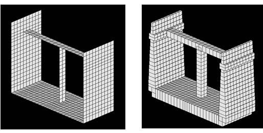 図２　三次元解析構造（左；要素図　右；シェル要素の板厚表示）